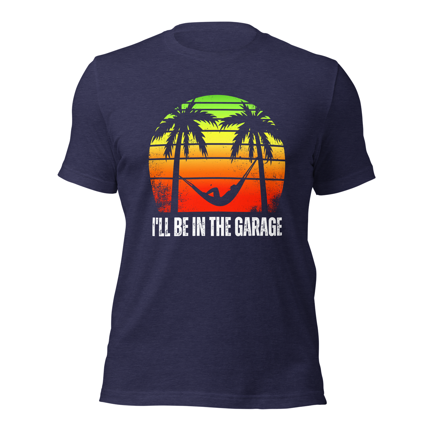 Men's 'I'll Be in the Garage' T-Shirt | Relaxing Retro Sunset & Hammock Print