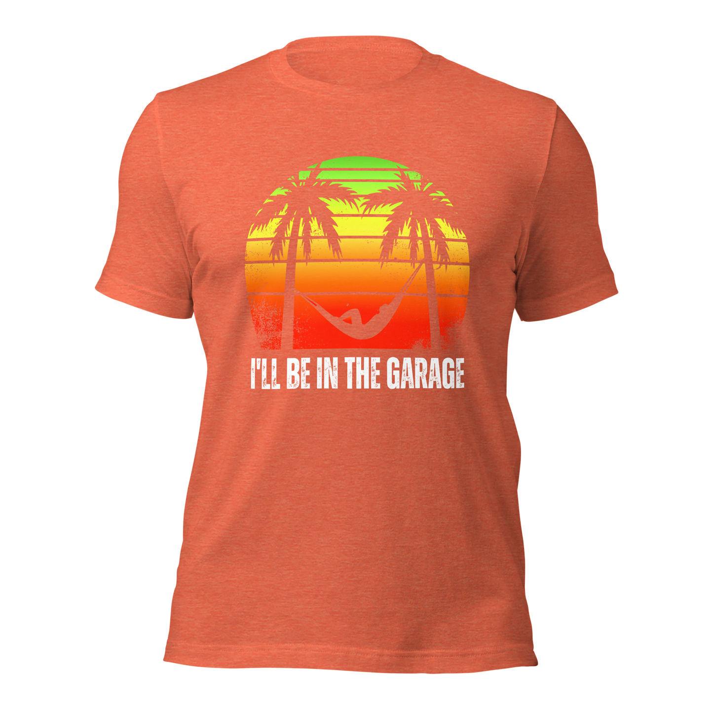 Men's 'I'll Be in the Garage' T-Shirt | Relaxing Retro Sunset & Hammock Print