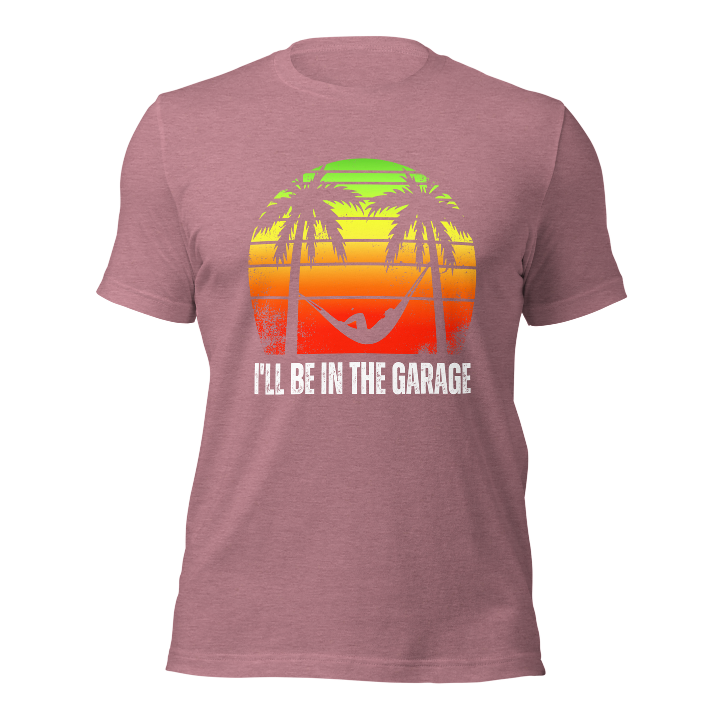 Men's 'I'll Be in the Garage' T-Shirt | Relaxing Retro Sunset & Hammock Print