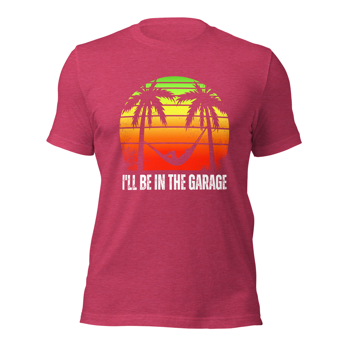 Men's 'I'll Be in the Garage' T-Shirt | Relaxing Retro Sunset & Hammock Print