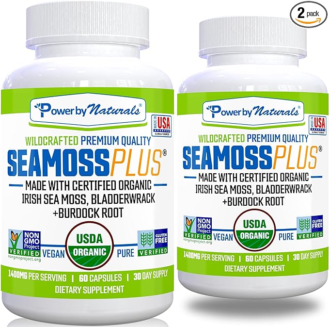 Power By Naturals Sea Moss Plus - USDA Certified Organic Wildcrafted Irish Seamoss, Bladderwrack & Burdock Root, Supplement for Immunity, 60Ct, 2 Pack
