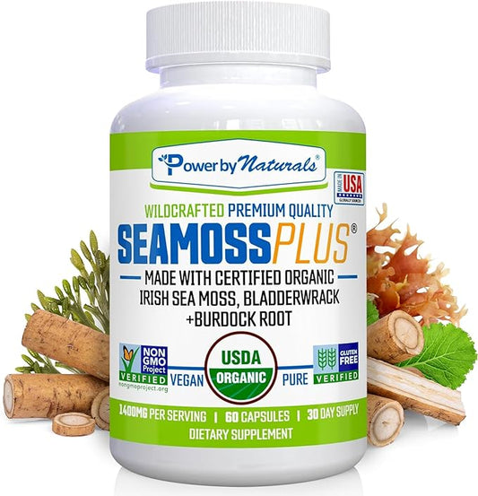 Power By Naturals Sea Moss Plus - USDA Certified Organic Wildcrafted Irish Seamoss, Bladderwrack & Burdock Root, Supplement for Immunity, 60Ct, 1 Pack